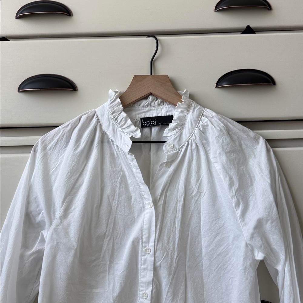 bobi White Ruffle-Neck Button-Down Blouse - Picture 5 of 6